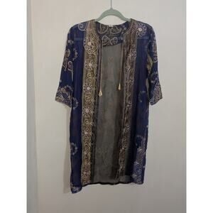 VTG Made In Kuwait Blue Sheer Kameez Duster Overcoat W/ Gold Embroidery Sz 4